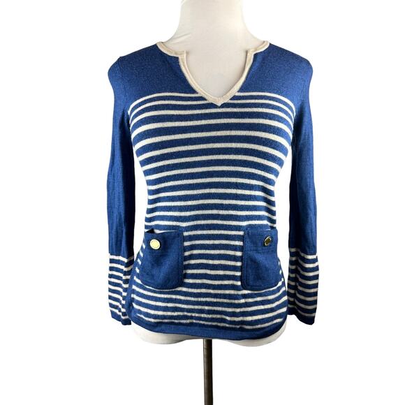 Tory Burch Odessa Merino Wool V-Neck Striped Wool Sweater Blue Small? H12151 - Picture 16 of 16
